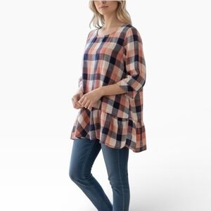 Easel Plaid Ruffle Tunic Top 3/4 Sleeve Scoop Neck Women